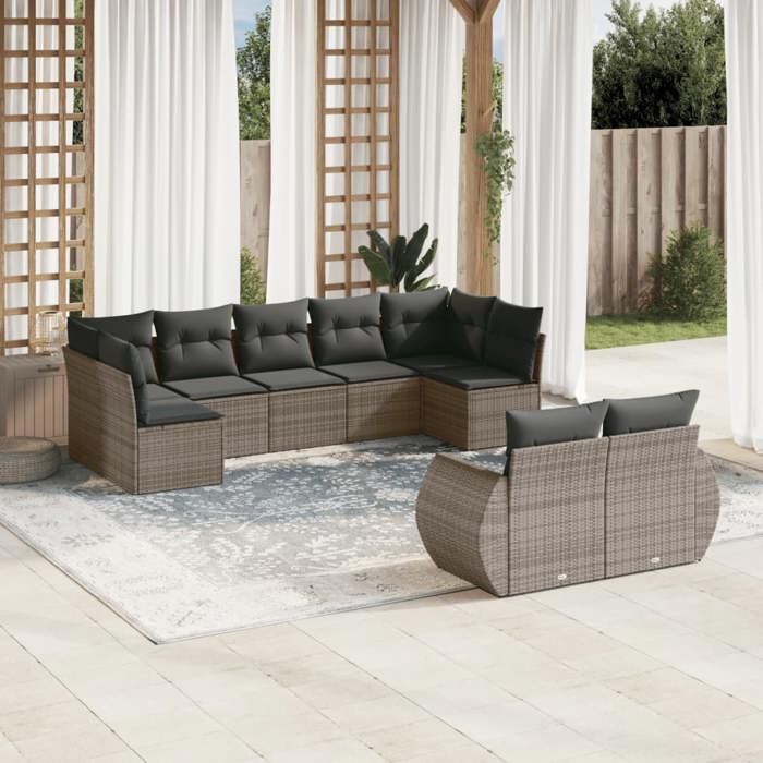 VidaXL Salon de Jardin avec Coussins 9 pcs, Canapés de Terrasse, Ensemble de Meubles de Patio, Mobilier d'Extérieur, Gris 3254157