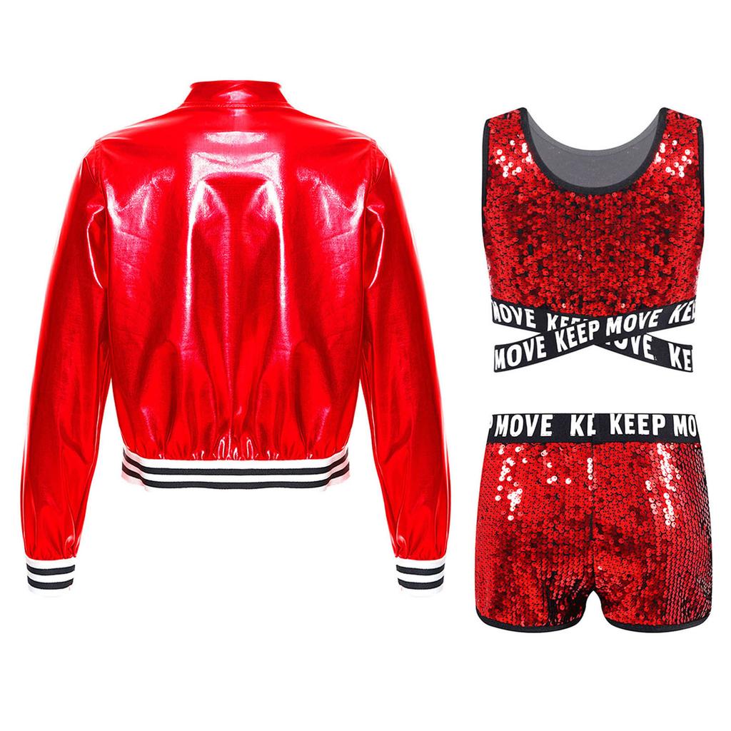 Kids Girls Sparkling Sequined Dance Costume Sleeveless Crisscross Strap Crop Top with Shorts and Metallic Jacket