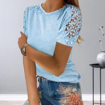 Crew Neck Solid Color Loose Fit Women T-shirt Hollow Lace Patchwork Short Sleeve Tee Top
