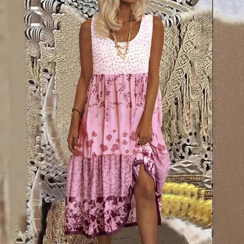 Ärmelloses bedrucktes Sommerkleid mit Rundhalsausschnitt für Damen
