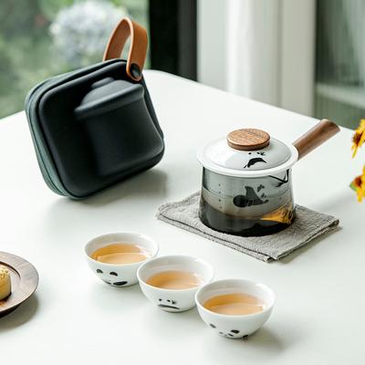 Portable Travel Tea Set, Hand-painted Panda Ceramic Express Cup, One Pot, 3 Cups, Outdoor Tea Making Cup