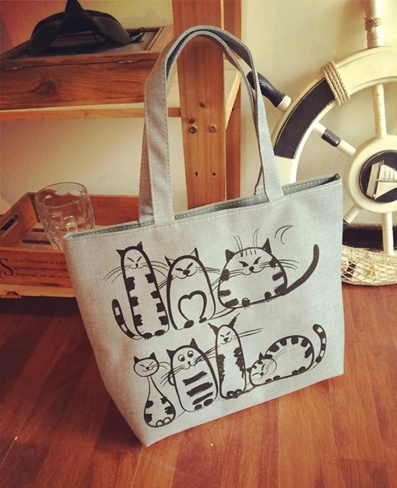 Cartoon Cat Printed Beach Zipper Bag Women Fashion Canvas Tote Bag Shopping Handbag
