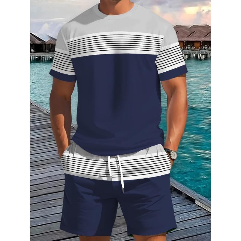 2026 Sommer Neuankunft Herren Freizeit Zweiteiler Set Gestreifter Print Kurzarmhemd und Sportshorts Set Herren Fitness Set