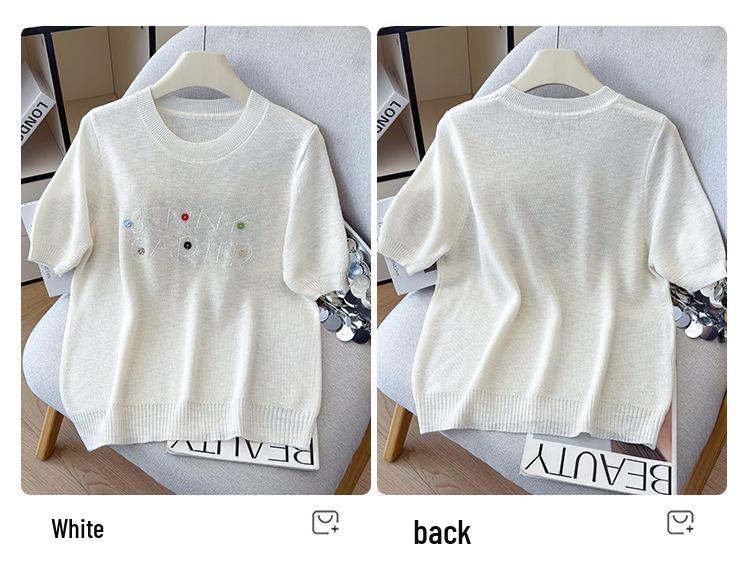 2026 Summer Versatile Embroidered Ice Silk Tencel Knit Women's T-Shirt