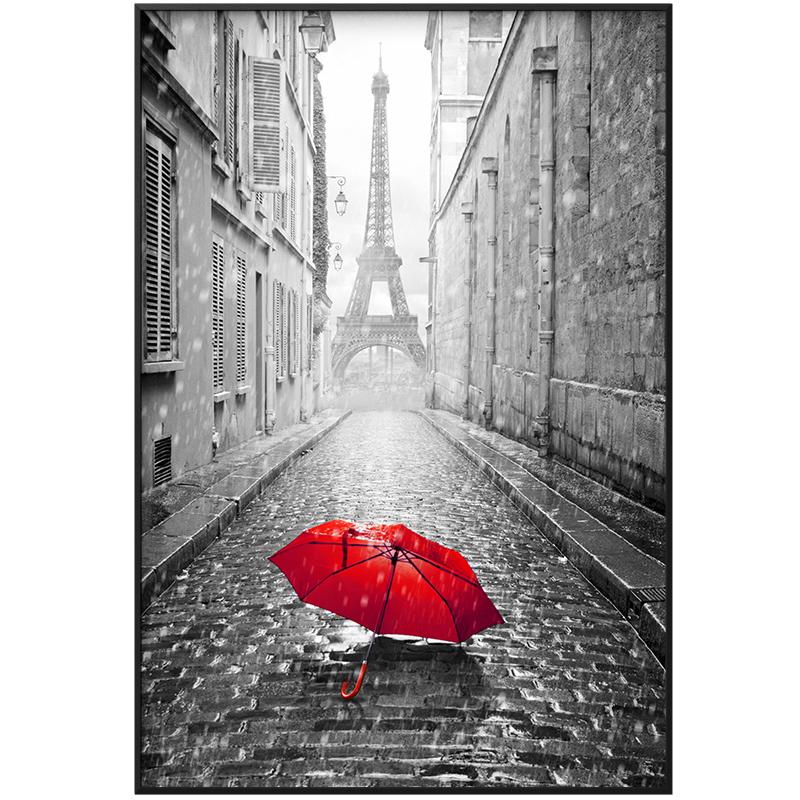 Clădire alb-negru modernă Poze cu autobuz cu umbrelă roșie pictură pe pânză peisaj nordic Poster roșu pentru sufragerie