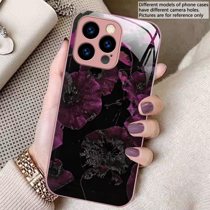 Light luxury lotus leaf For iPhone 16 E 15 14 13 Plus 12 mini 11 Pro Max XR Xs Max X 7 8 P lus 6 6S 22 Tempered Glass Phone Case