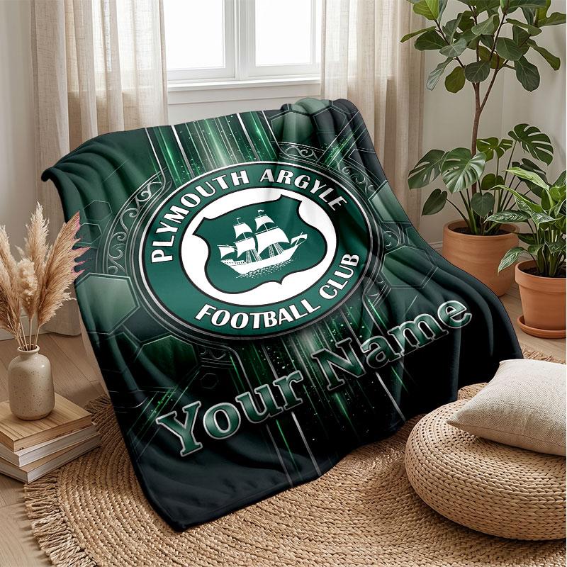 Plymouth Argyle FC Custom Name Text Flannel Blanket Soccer Logo Personalized Fleece Throw Blanket Special Gift For Sofa Bedroom Home