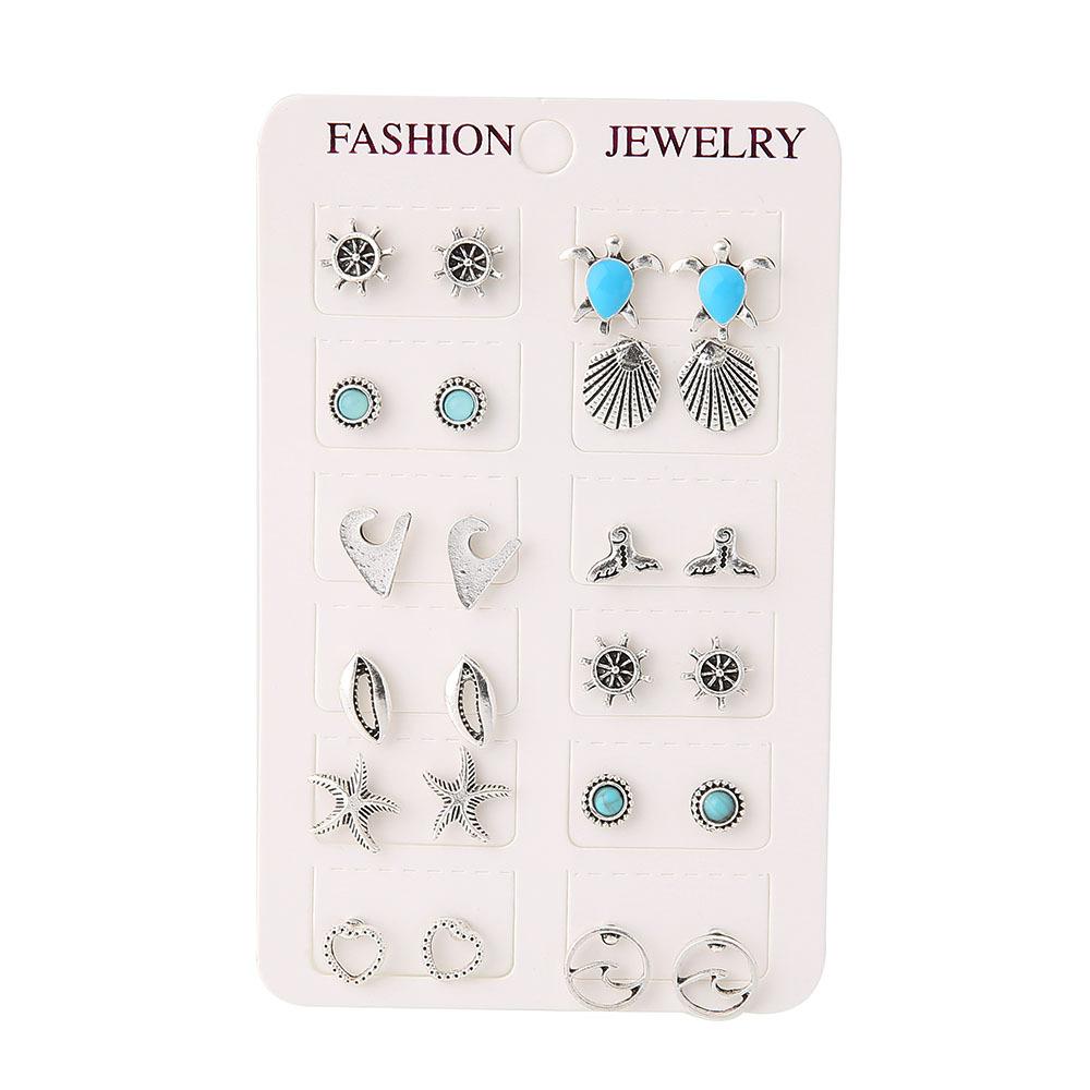 Accessories Simple Drip Oil Turtle Stars Wave Shells Turquoise 12 Pairs Of Earrings