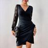 Damen V-Ausschnitt Langarm Spitze Patchwork Bodycon Hohe Taille Elegant Wickel Mini Kleid