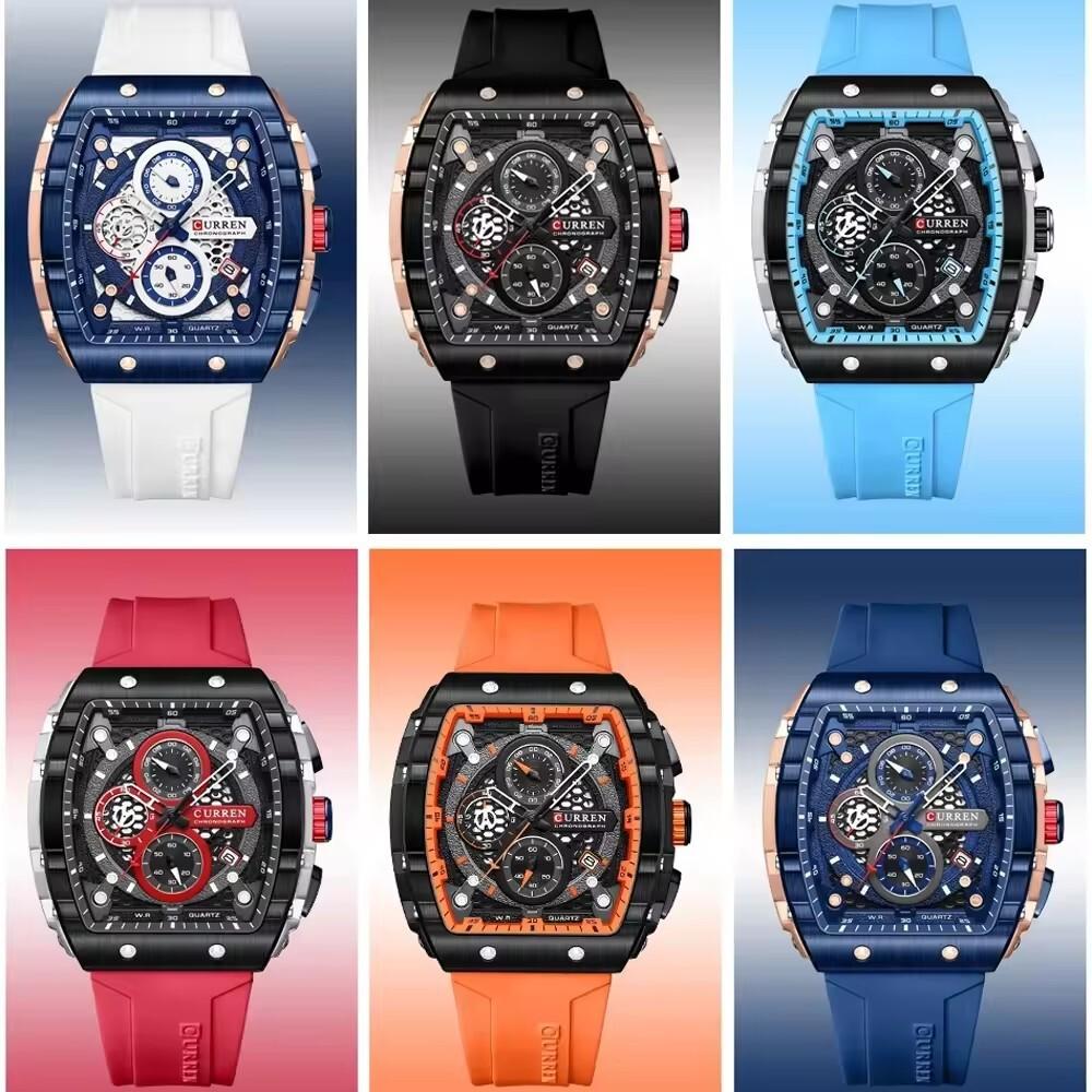 Curren 8442 Luxury Bussiness Chronograph Men's Tonneau Watches Silicone Band Casual Wristwatch Big Dial Quartz Clock