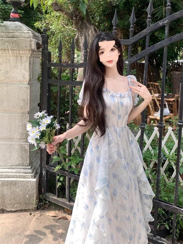 First Love Floral Chiffon Square Neck Elegant Summer Dress for Women, Plus Size, Waist-Cinched, Slimming, and Fairy Long.