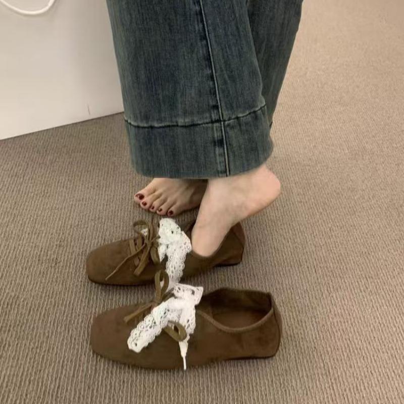 Fashion Women's Flat Shoes Spring New Square Head Shallow Mouth Suede Front Lacing Soft Sole Anti-slip Wear-resistant Single Shoes