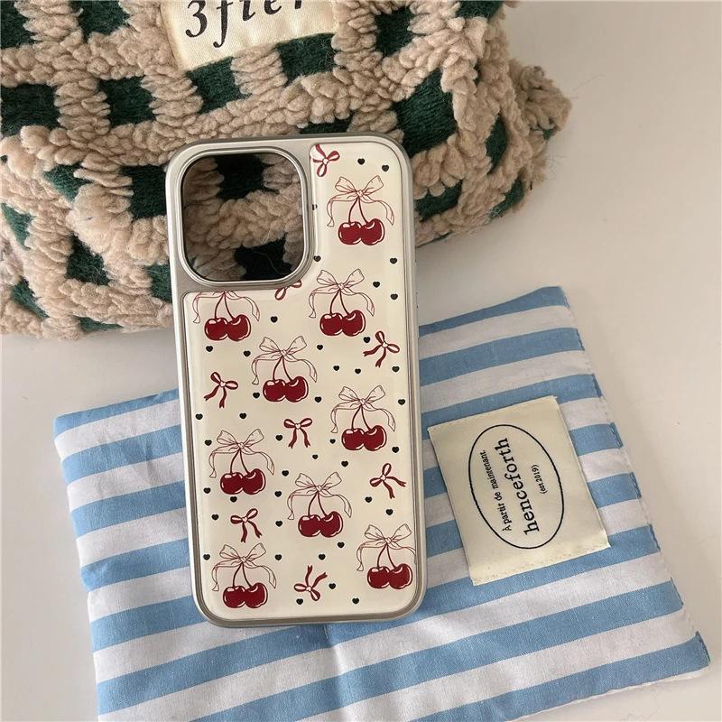 Ins bow cherry for iPhone apple 17pro mobile phone case 15 electroplating 16 water condensation 13 love 14 hard