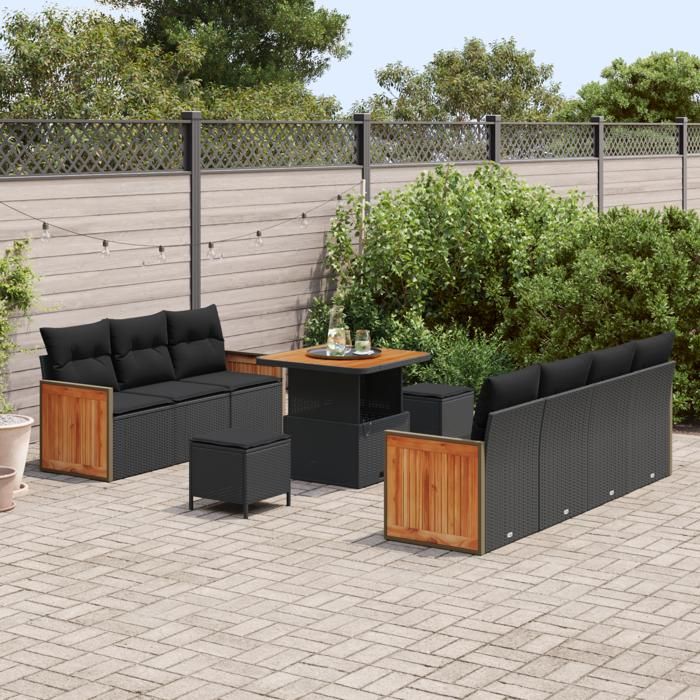 VidaXL Ensemble de Sofa de Jardin 10 Pièces avec Coussins Rattan Poly Noir Acacia 3363264