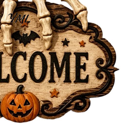 Placa de Loja Estilo Terror Mão de Esqueleto Porta Placa de Boas-Vindas, Decoração Padrão Abóbora Morcego de Halloween, Decoração de Madeira Antiga Desgastada Pendurada na Parede