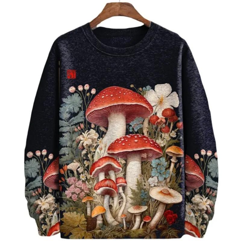 Autumn Winter Long Sleeved Top 3D Printed Women's Colorful Mushroom Print Fashionable Loose Daily Casual Pullover