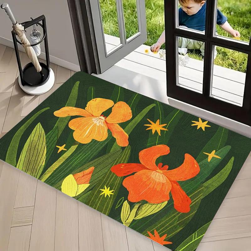 

Green Floral Doormat Illustration Style Artistic Sense Printed Carpet Living Room Bedroom Farmhouse Decoration Carpet 40cm x 60cm