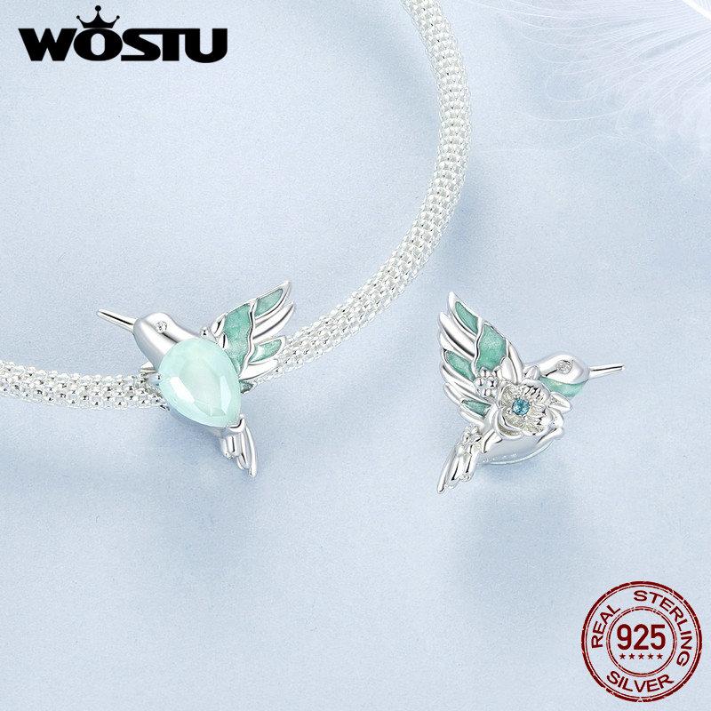 WOSTU 925 Silver Different Side Enamel Hummingbird Charm Heart Glass Bird Body Peacock Beads Fit Original Bracelet Gift