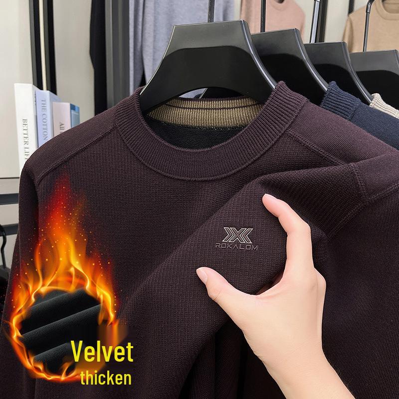 Men s Autumn/Winter Plush Thick Knit Sweater, Round Neck Fleece, Warm Base Layer Shirt L