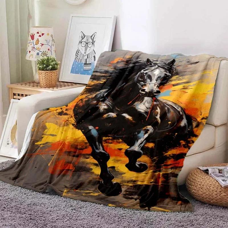 3D Cartoon Horse Print Flannel Throw Blanket – Soft Warm Picnic Blanket, Retro Home & Travel Birthday Gift, Cozy Comfort