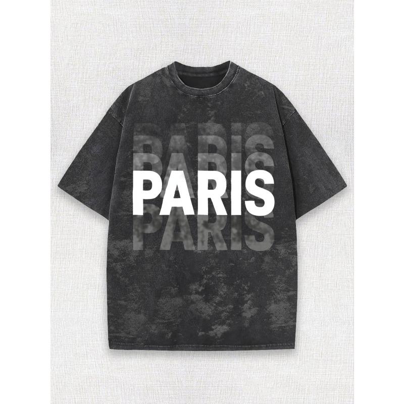 

European sizes Men s Vintage Paris Text Print T-Shirt - Distressed Washed Crew Neck Retro French, Casual Summer Outfits Suitable for Travel S чёрный