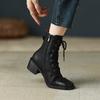 2024 New Cross-Tied Women Short Boots Autumn Winter Genuine Leather Office Lady Square Toe Side Zipper Shoes Woman Ankle Boots
