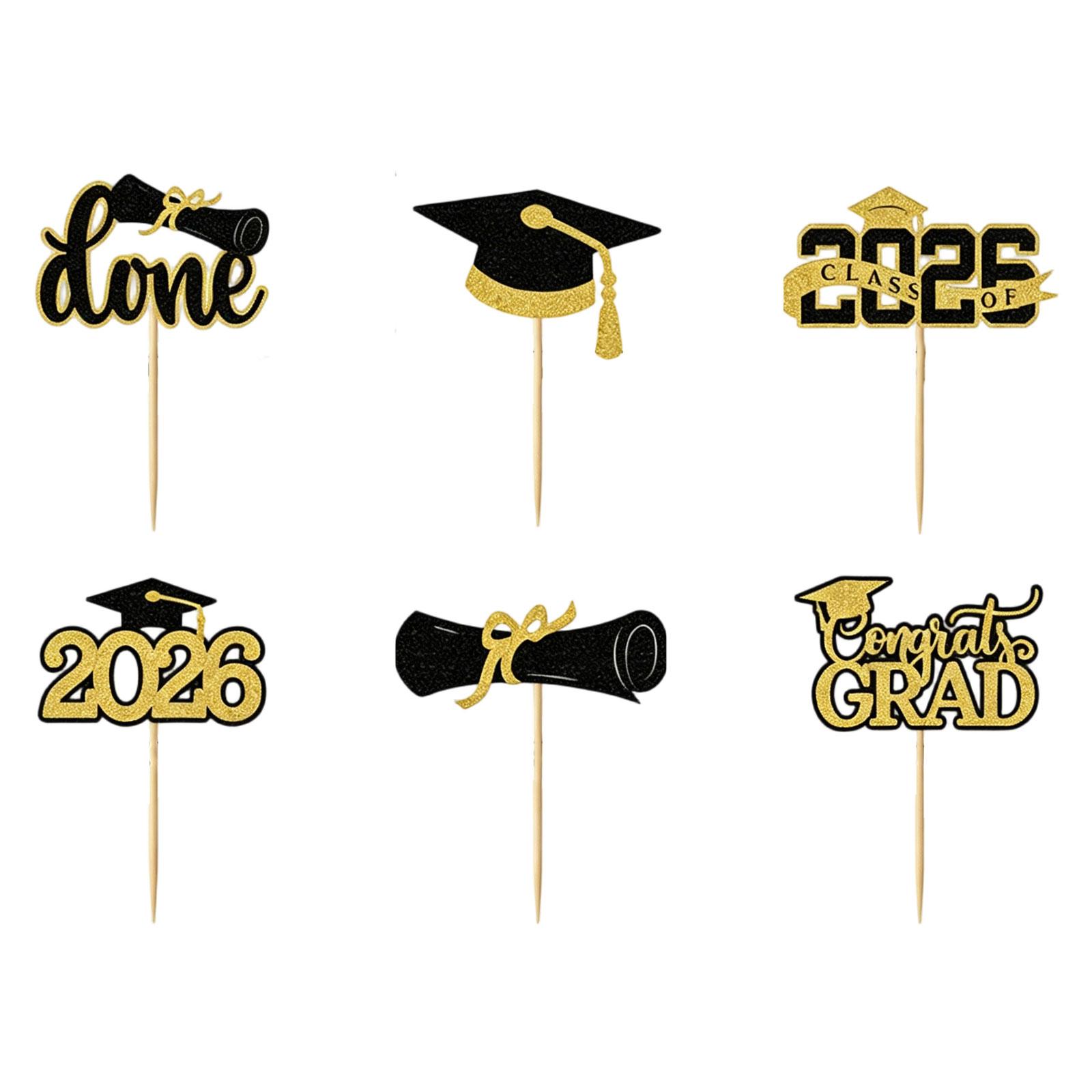 Graduation Cake Toppers 2026 Graduation Party Decorations Diploma Cap Dessert Picks Set of 6 Graduation Signs for Celebration One Size