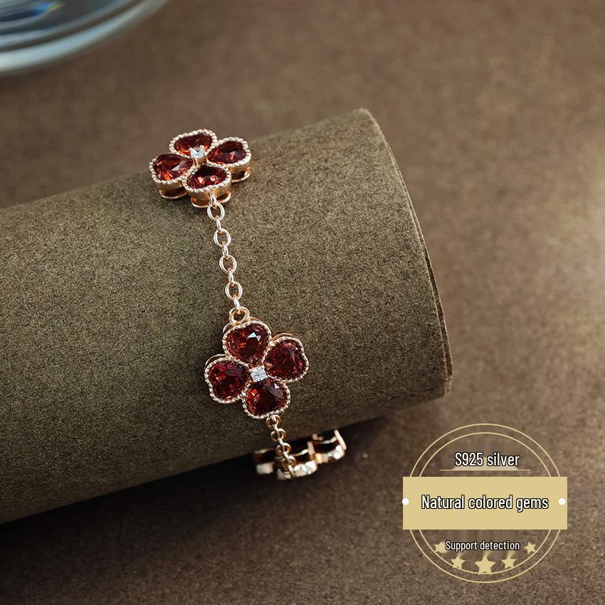 Natural Garnet Four-Leaf Clover Bracelet with S925 Silver for Women