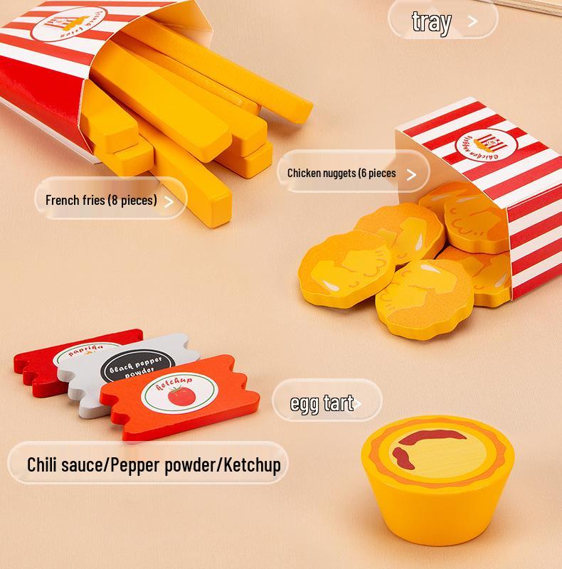 Wooden Hamburger & French Fries Pretend Play Set – Toy Kitchen Gift for Kids