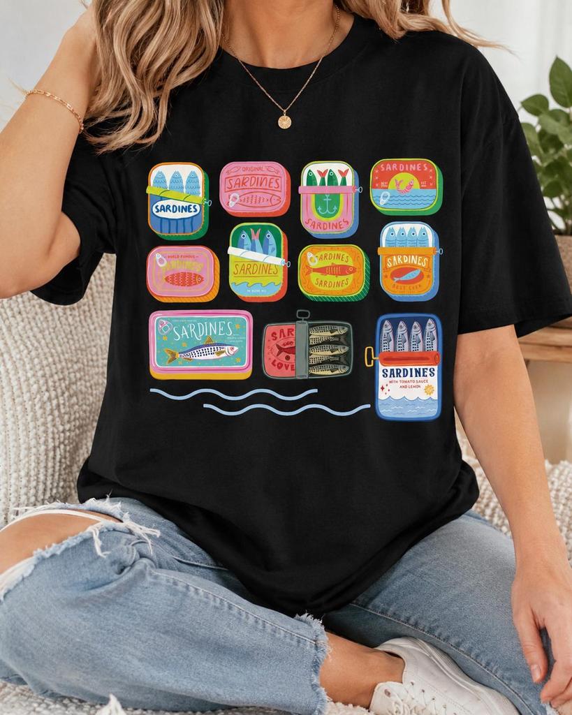 Colorful Sardine Tins Shirt, Retro Canned Fish Tee, Seafood Lover Gift, Coastal Kitchen Pop Art Outfit, Vintage Mediterranean Graphic Art.