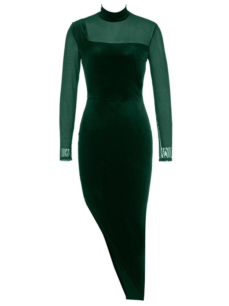 Letnia sukienka damska z aksamitu z rękawami z siateczki i okrągłym dekoltem