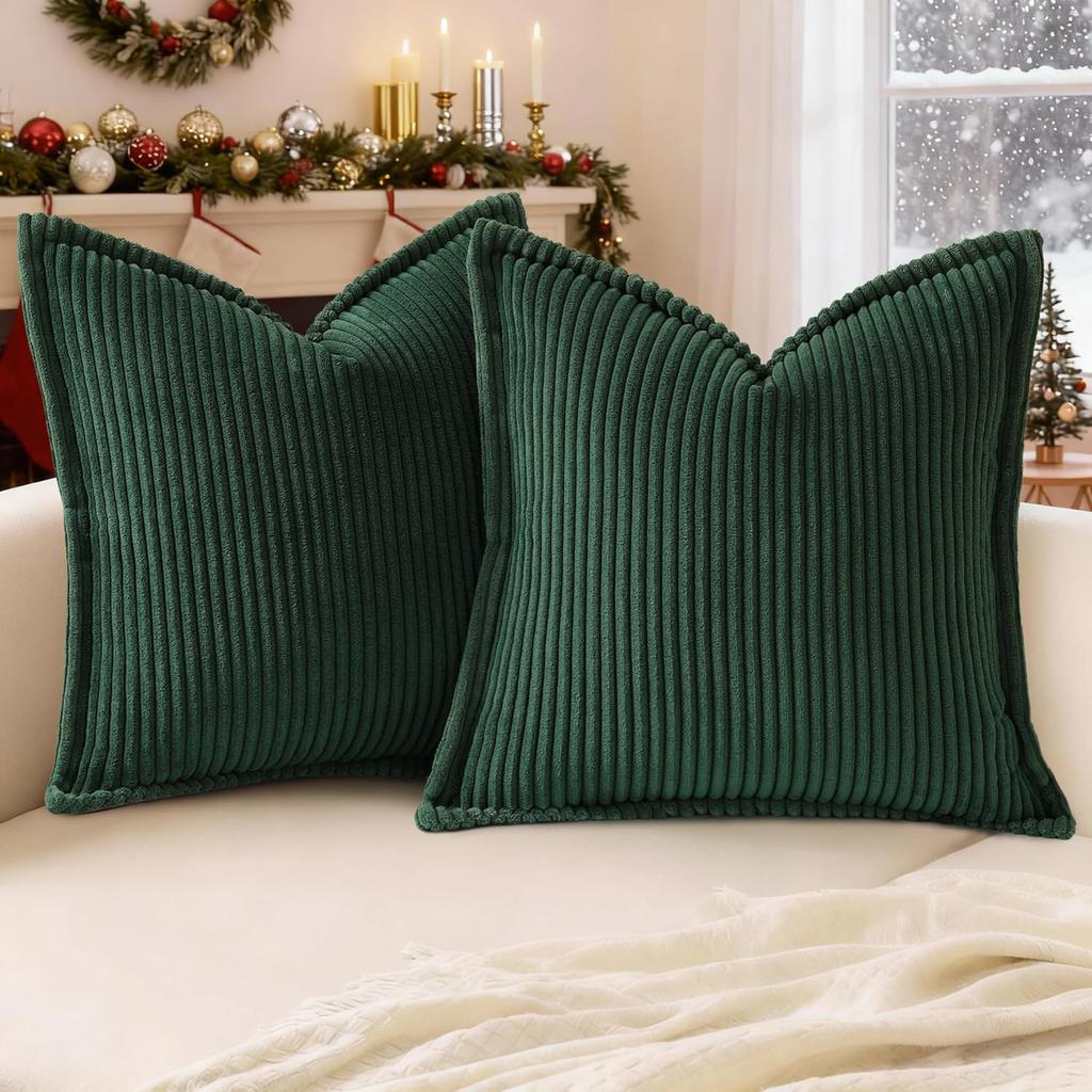Green Corduroy Throw Pillow Covers 18x18 Inch Striped Decor Pillowcase for Living Room Bed Soft Couch Cushion Cover for Sofa