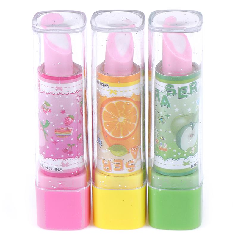 1Pc Child Lipstick Shaped Eraser Student Stationery Xmas Gift Pencil Erasers