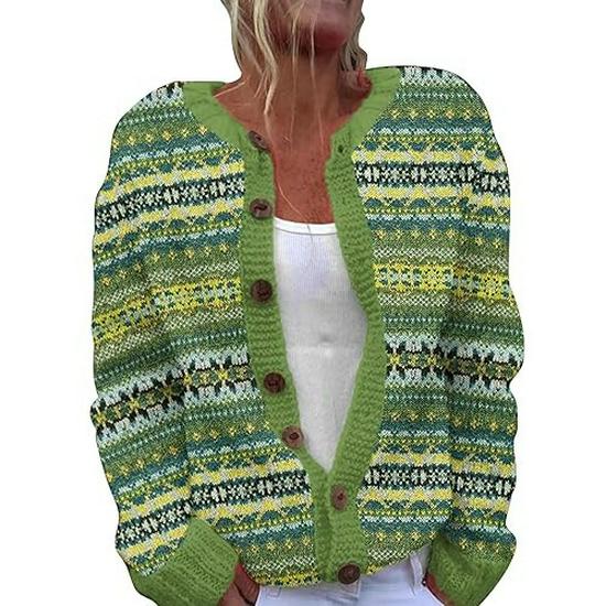 Women's Faux Wool Sweater: Winter 2025 Ancient Tribe Totem Print with Buttons