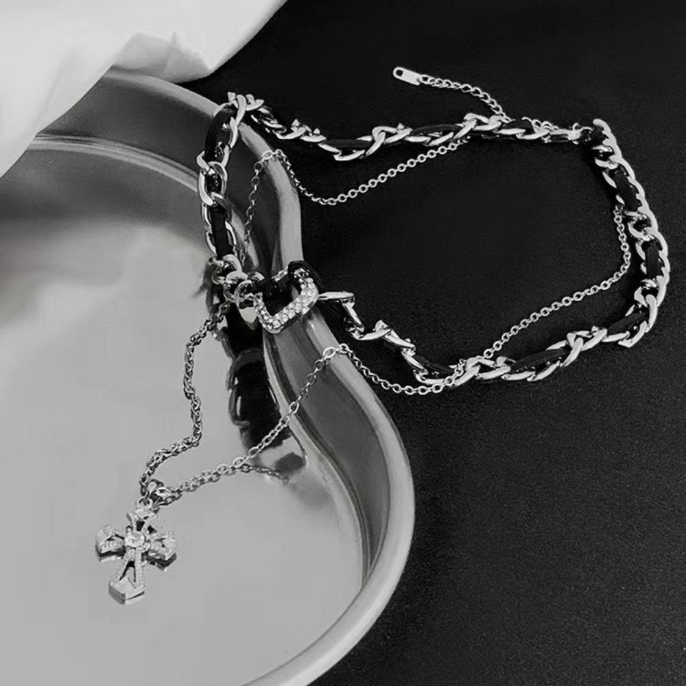 Punk Exquisite Shiny Zircon Hollowed-out Cross Pendant Double-layered Black Rope Metal Chain Winding Necklace for Women Jewelry