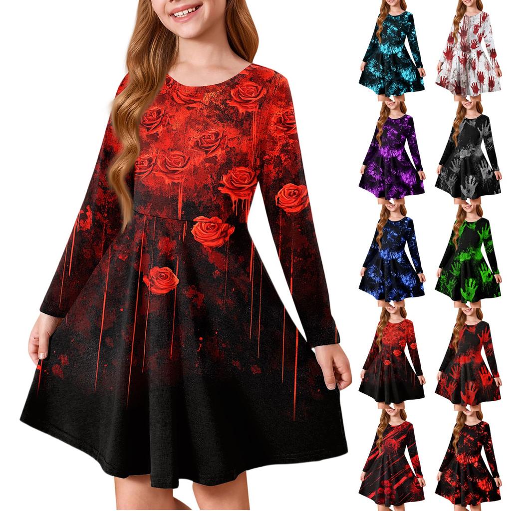 Girls' Summer Princess Dress Halloween Day- Long Sleeve A-Line T-Shirt Dress