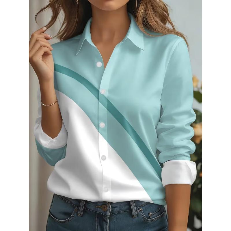 Women's Shirts Gradient Print Blouse Lapel Neck Blouse Women Long Sleeve Bohemian Vacation Shirts Womens Clothes Female Clothing