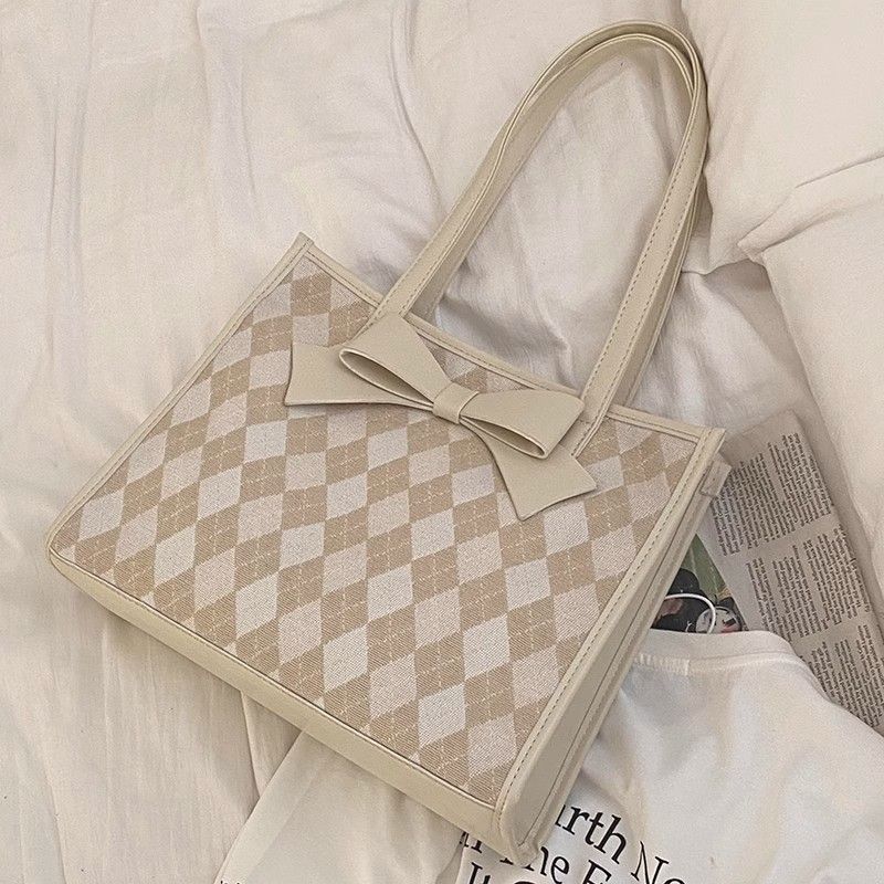 

JIAERDI Sweet Bow Quilted Shoulder Bag Women Girls Summer 2025 New Trendy Tote Purse Ladies Spacious Student Class Underarm Bag 31x26x11cm бежевый