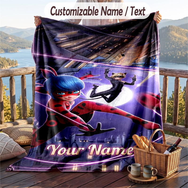 Miraculous Ladybug Flannel Blanket, Personalized Custom Name Text, Soft Warm Plush Throw Blanket For Gift