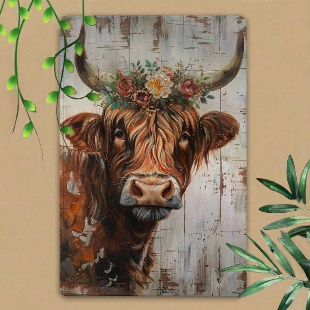 Vintage Metal Tin Sign High Cow in Flowers 30x20 cm Home Interior Decor