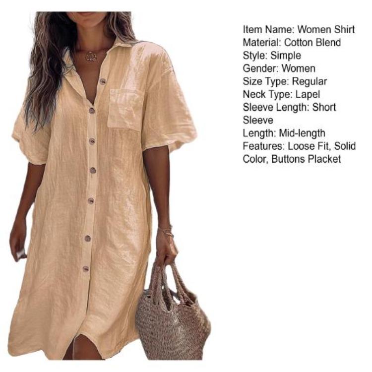 Casual Commuter Style Women Shirt Lapel Short Sleeve Loose Fit Solid Color Buttons Placket Work Shirt