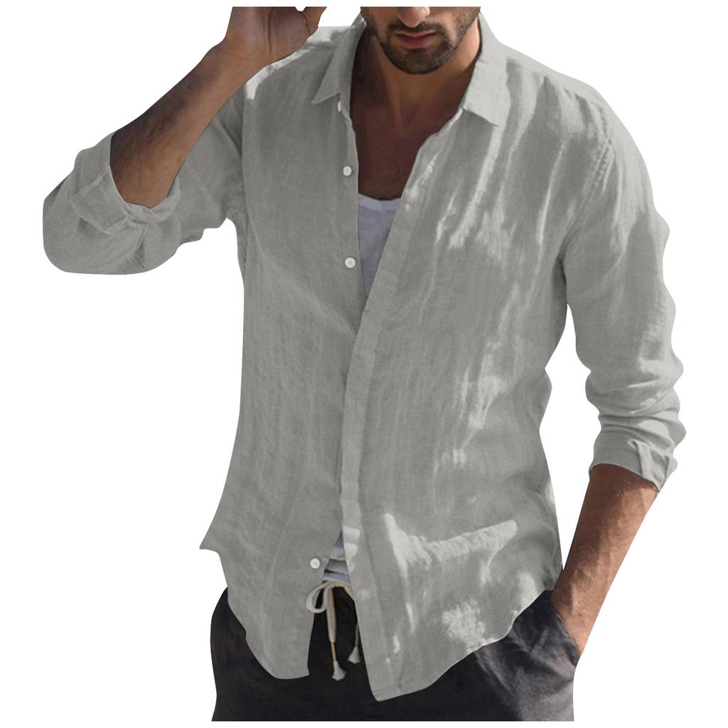 Men's Stand Collar Shirt Beach Casual Solid Color Long Sleeve Breathable Top T-shirt Blouse
