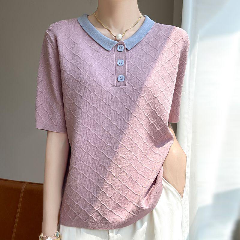 Summer New Women's Knit Ice Silk T-shirt POLO Collar Short Sleeved Contrasting Color Versatile Top for Women