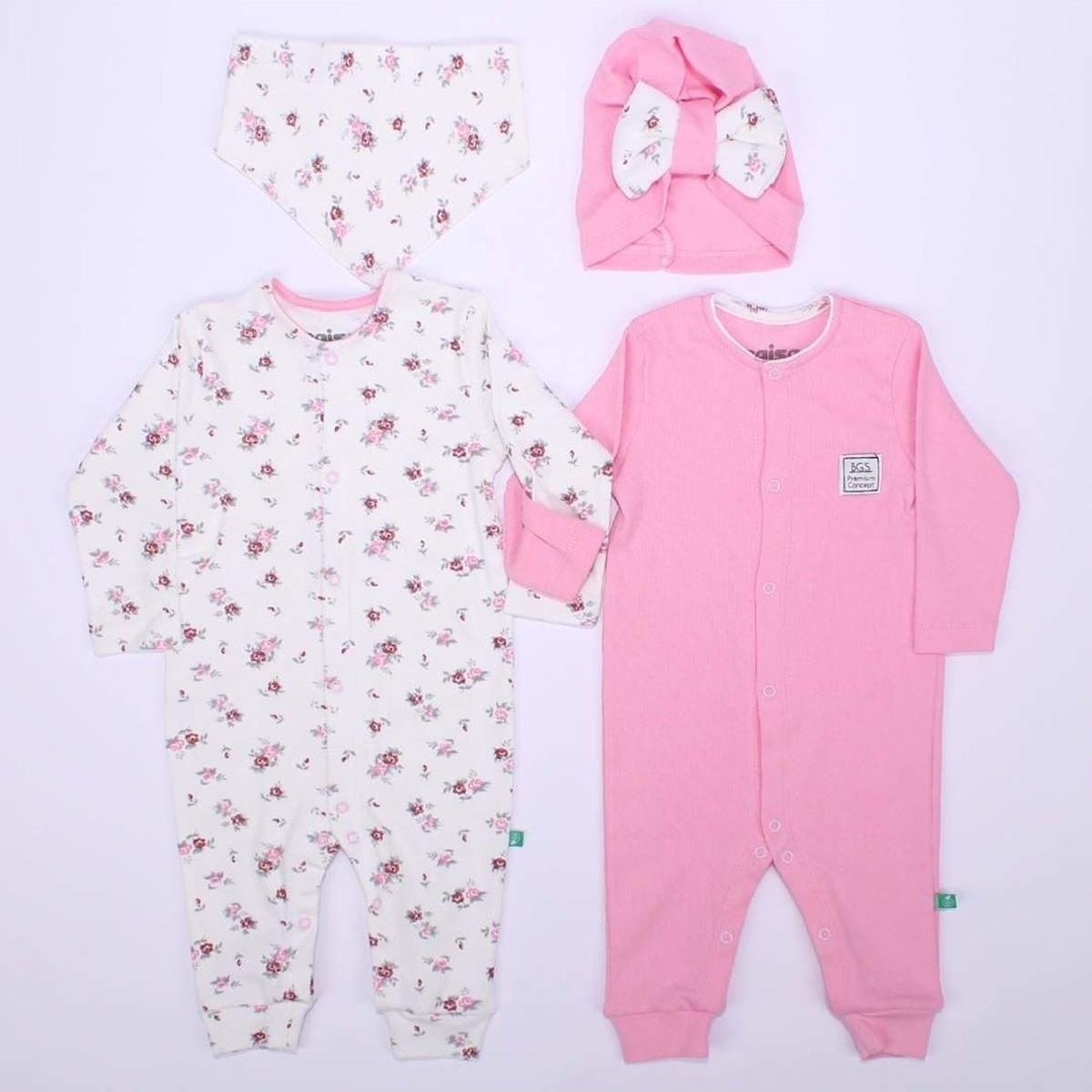 

Baby Girl Ecru Pink Floral Patterned Bib Bonnet 2-Piece Rompers Set