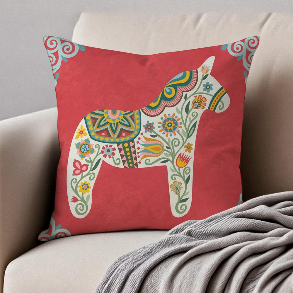 Cute Print Art DDala Horse Cushion Cover Pillowcase Antidustmite Invisible Zipper Short Plush Sofa Cushion