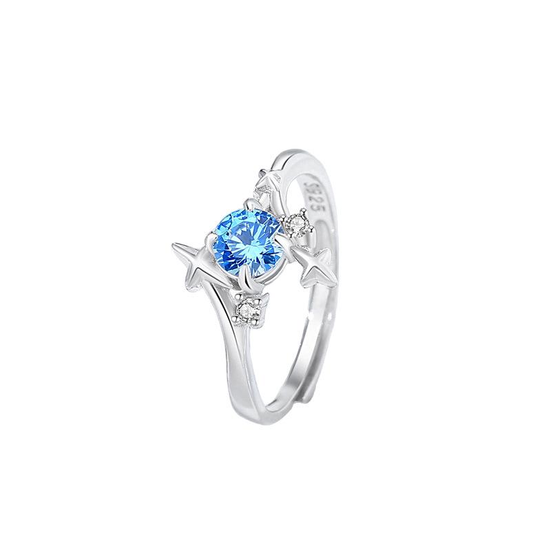 Tichia S925 Sterling Silver Starlight Couple Rings with Blue Zircon & Adjustable Four-Point Star Design Adjustable женского кольца