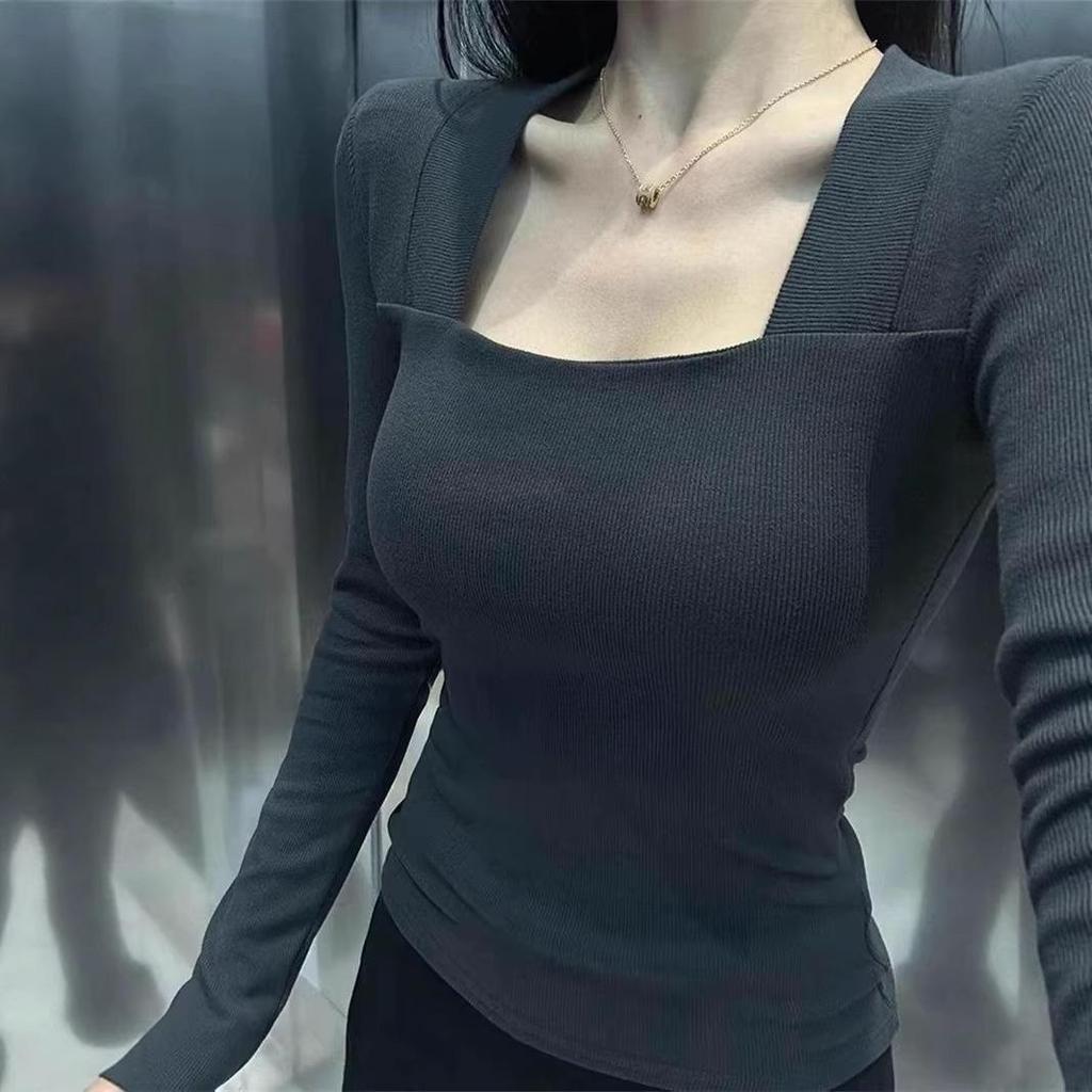 Women's Elegant Slim Fit Square Neck Long Sleeve T-Shirt - Solid Color, Versatile Spring & Autumn Style