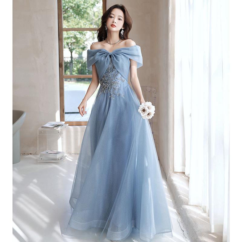 One-word shoulder evening dress 1011 new summer temperament French style host blue feeling banquet dress