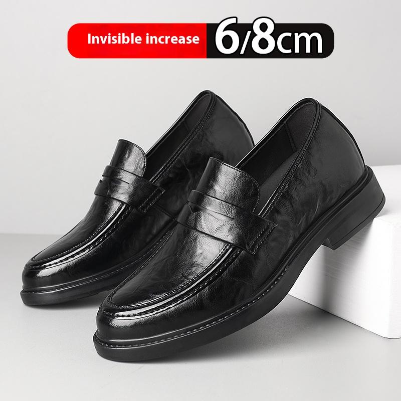Men Cow Leather Elevator Shoes Slip-on Business Casual Loafers Breathable Comfort Invisible Height Increasing Driving Moccasins