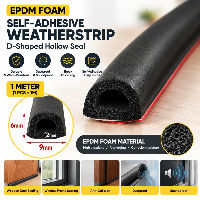 EPDM Foam D-Shaped Self-Adhesive Weatherstrip for Door and Window Gaps